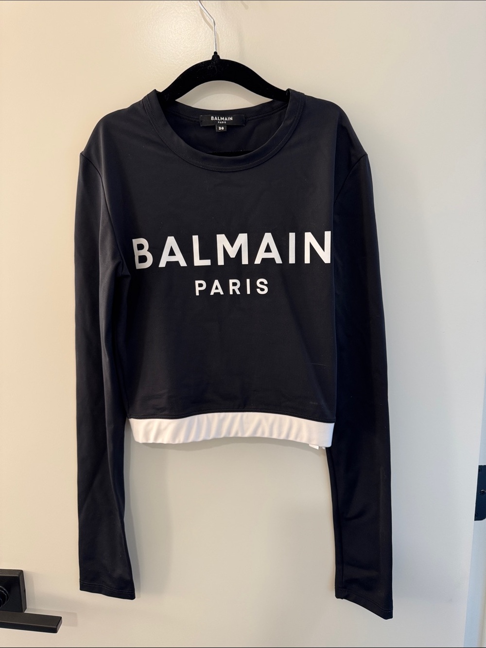 Balmain Black Long-Sleeve Logo Crop Top with White Hem